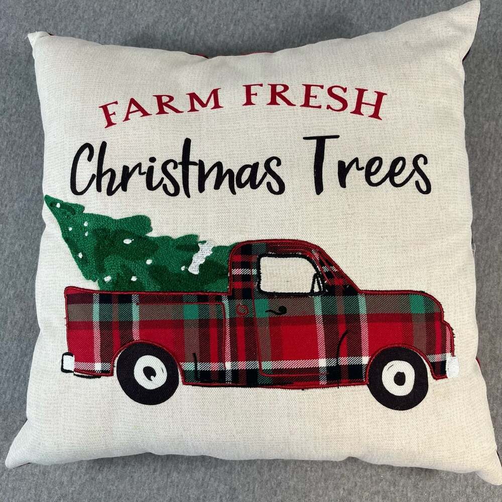 Farm Fresh Christmas Trees Truck Pillow 16 x 16 Red Plaid